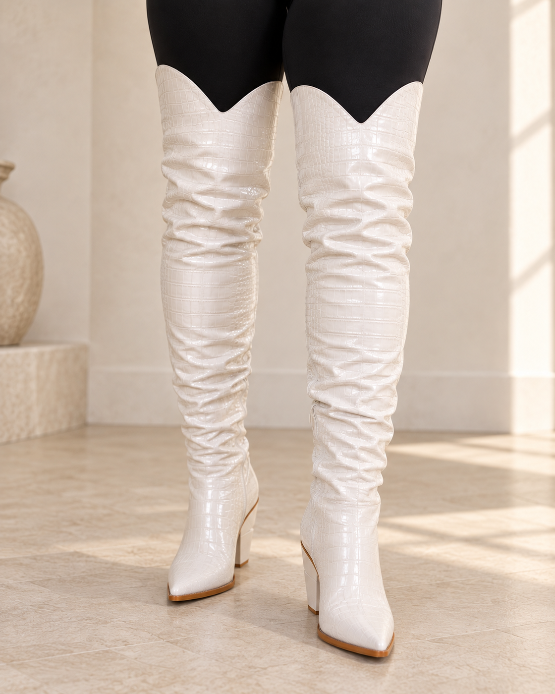 Oriana Western Boots in Bone — front on foot