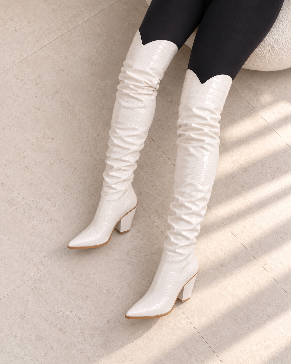 Oriana Western Boots in Bone — overhead on foot