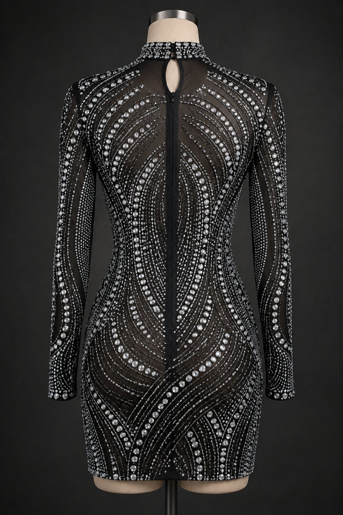 Orlisse Rhinestone Mesh Dress — Black back view