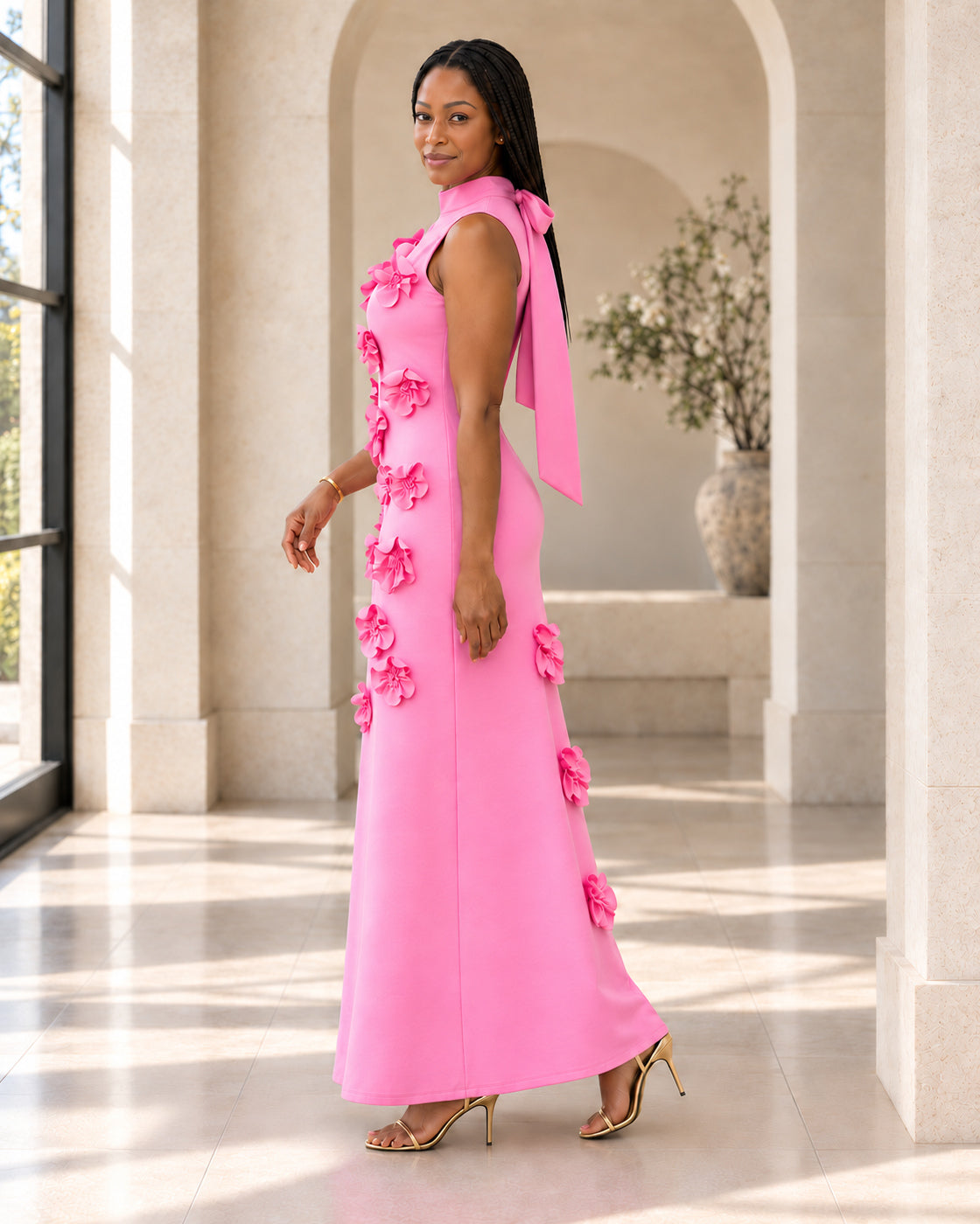 Petrelle Floral Maxi Dress in Pink — Model 1, true side profile