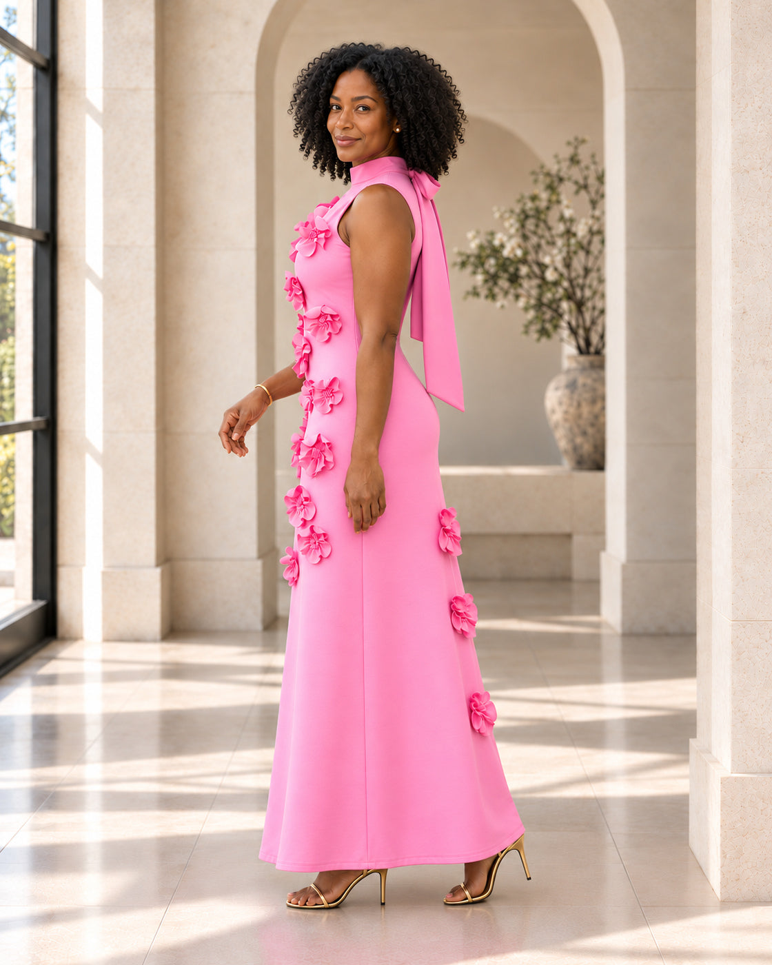 Petrelle Floral Maxi Dress in Pink — Model 2, true side profile