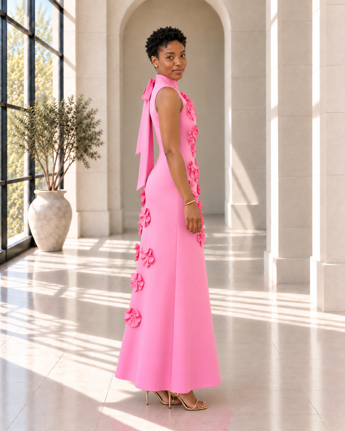 Petrelle Floral Maxi Dress in Pink — Model 8, true side profile
