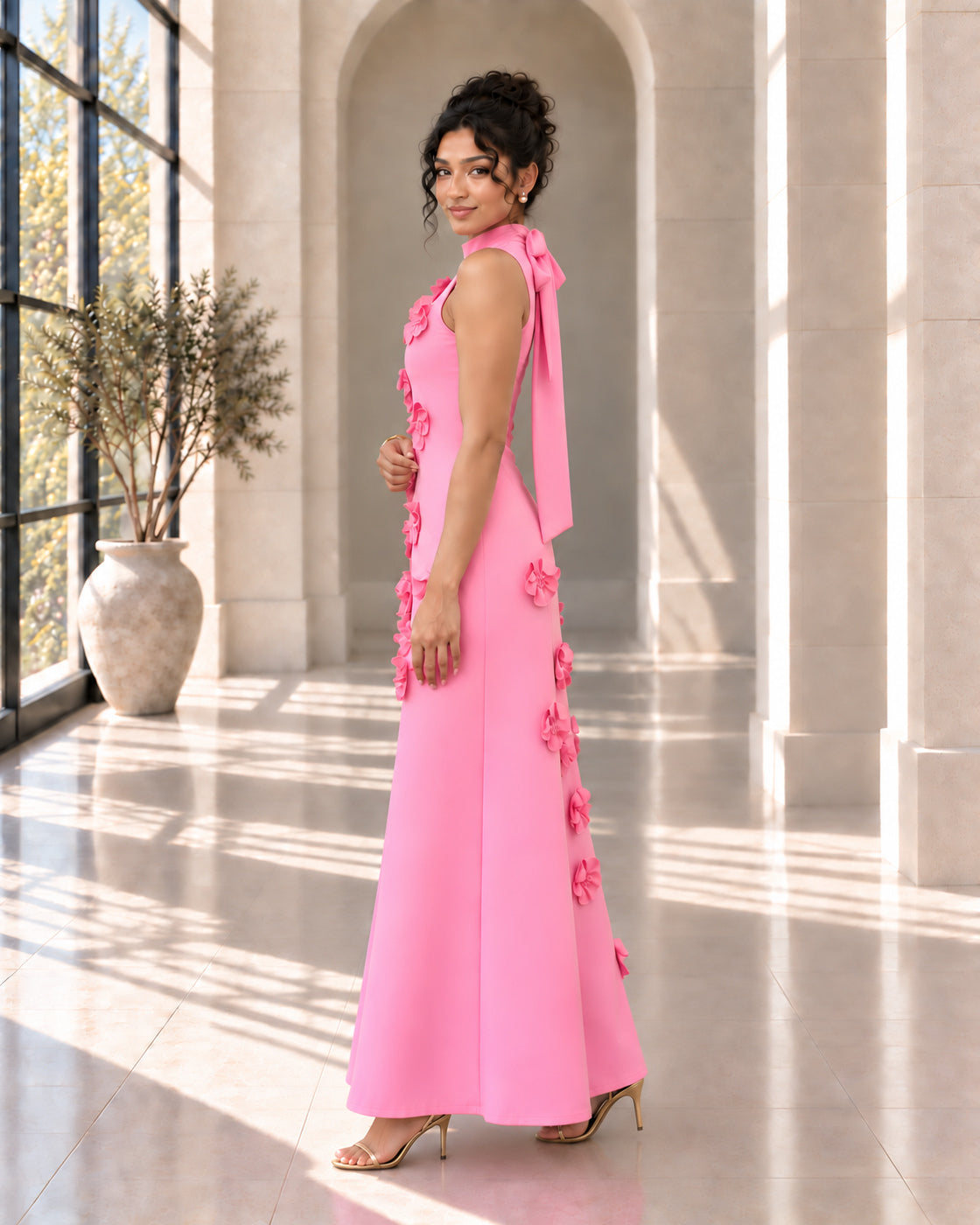 Petrelle Floral Maxi Dress in Pink — Model 9, true side profile