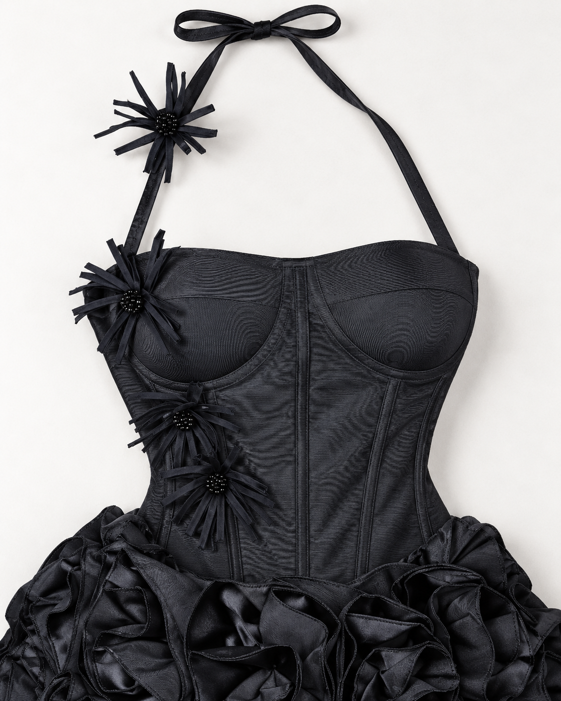 Ravelle Rosette Skirt Set in Black — corset panels and ribbon flower details close-up