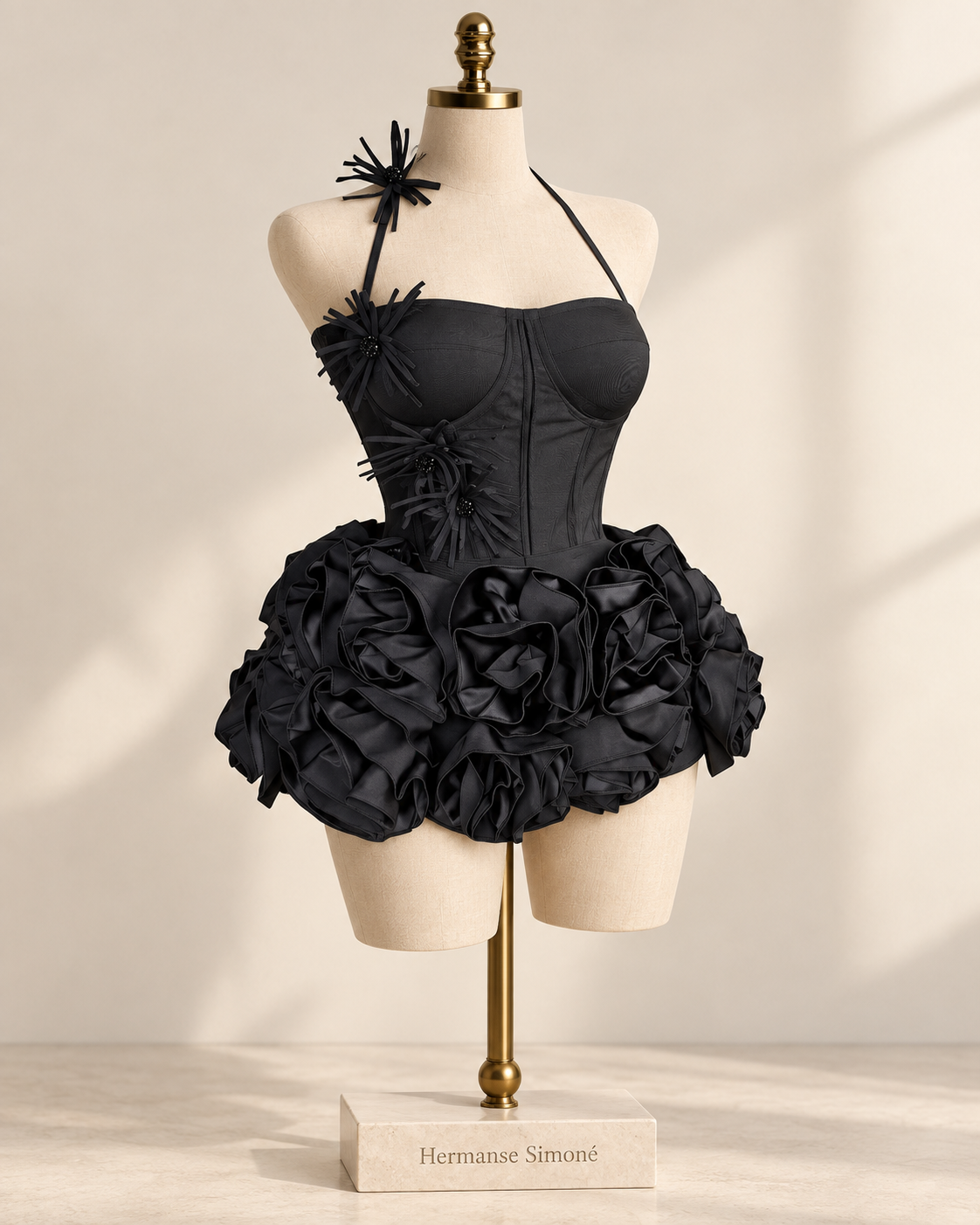 Ravelle Rosette Skirt Set in Black — full set on a branded display form