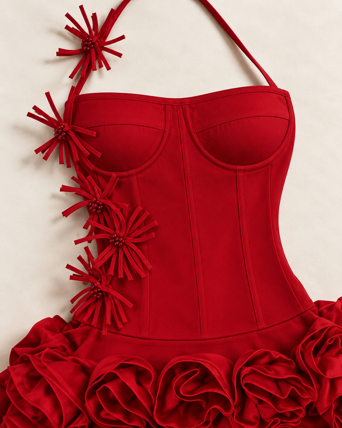 Ravelle Rosette Skirt Set in Red — corset panels and ribbon flower details close-up