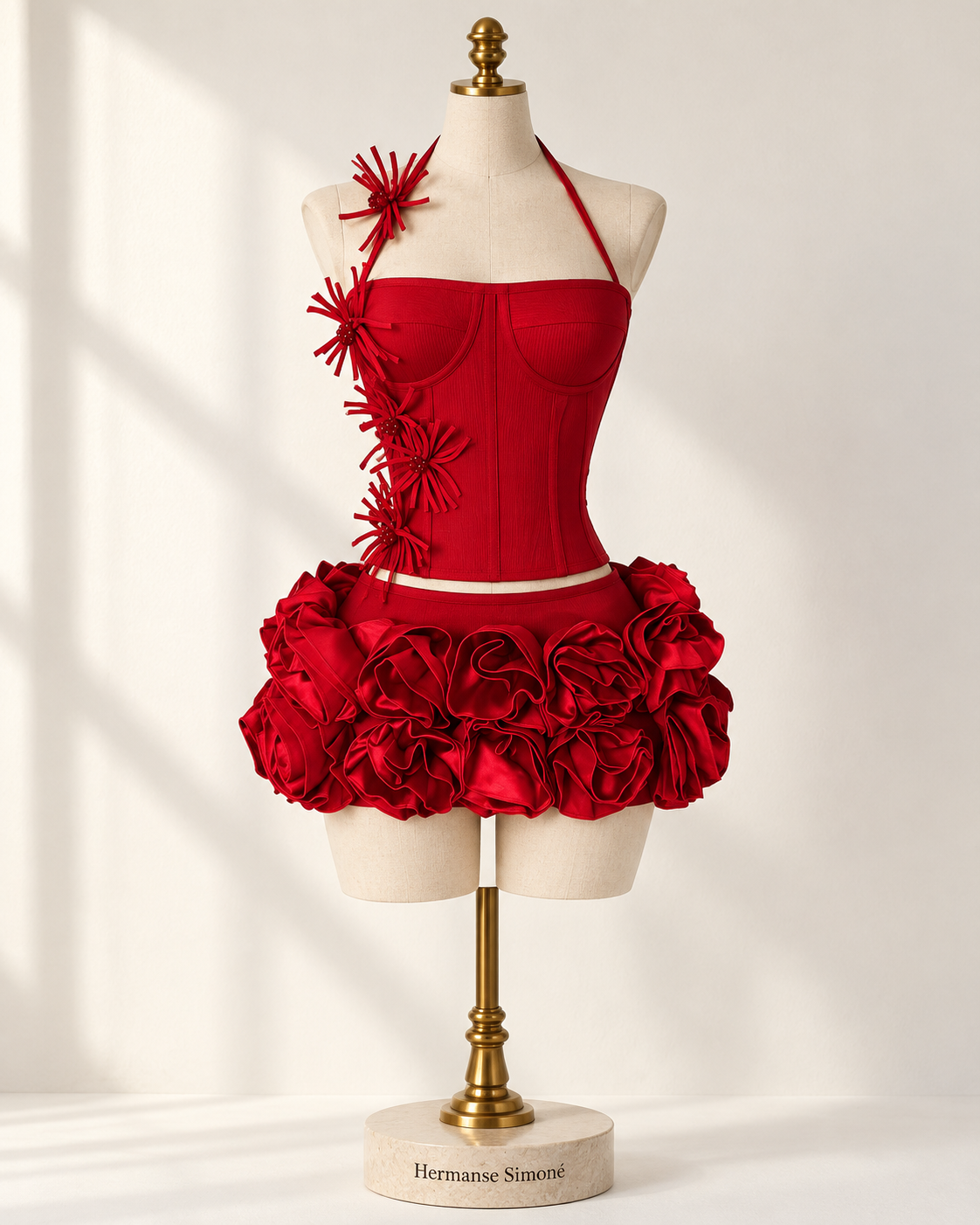 Ravelle Rosette Skirt Set in Red — full set on a branded display form
