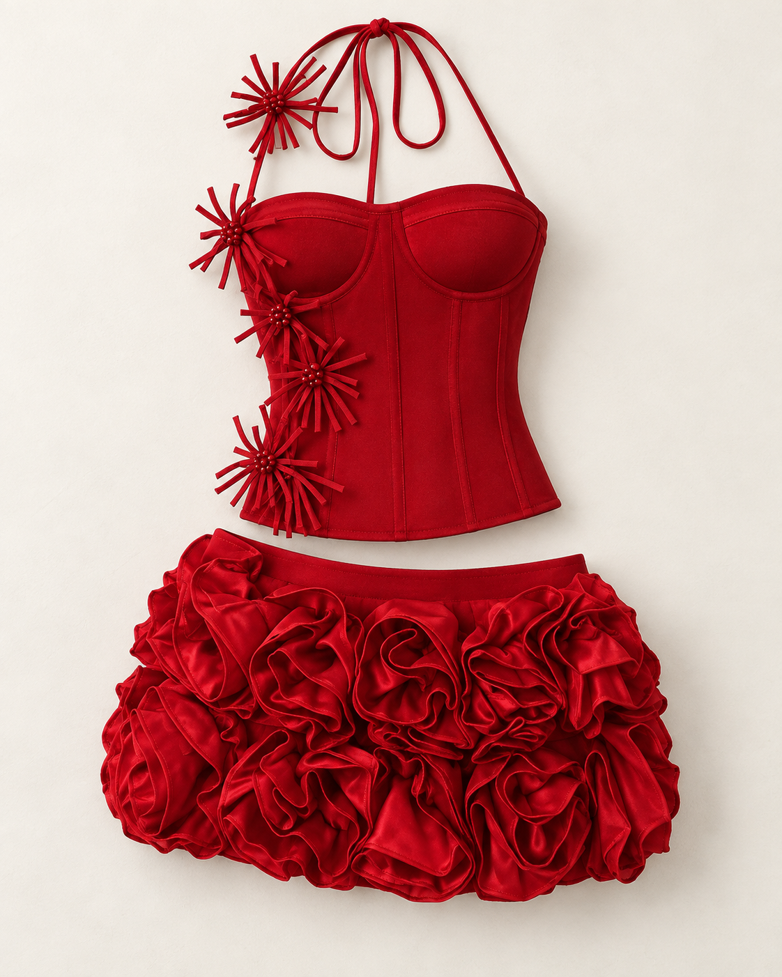 Ravelle Rosette Skirt Set in Red — standalone corset top and matching mini skirt