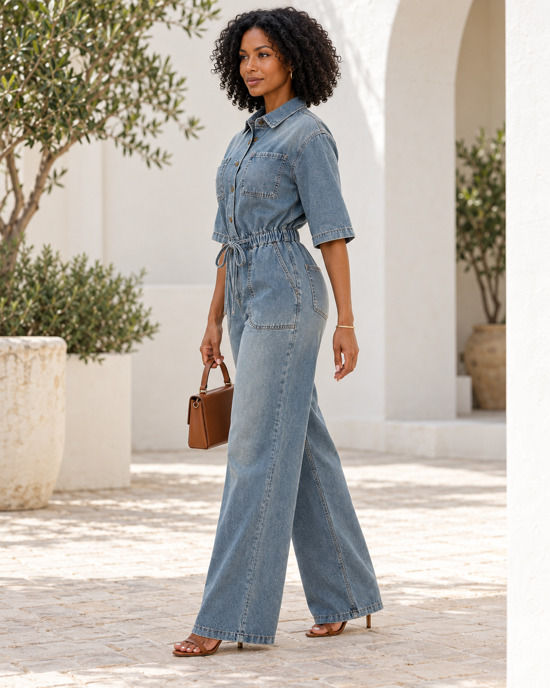 Rovina Denim Jumpsuit — Washed Blue — Model 2 — angle view