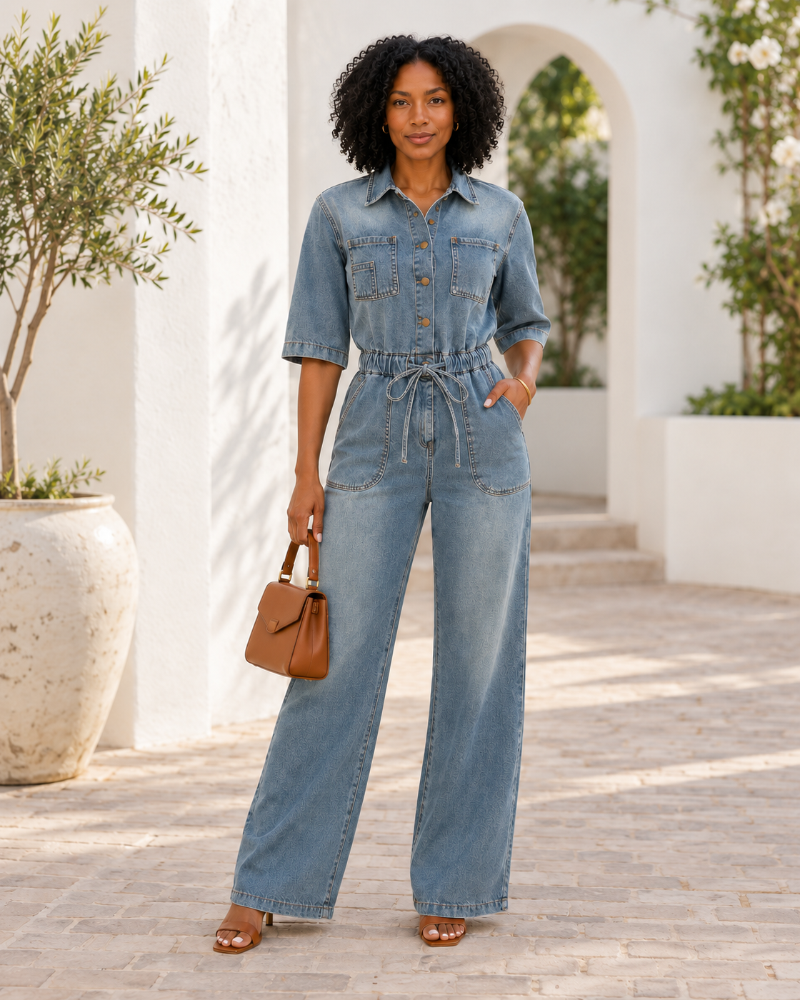 Rovina Denim Jumpsuit — Washed Blue — Model 2 — front view