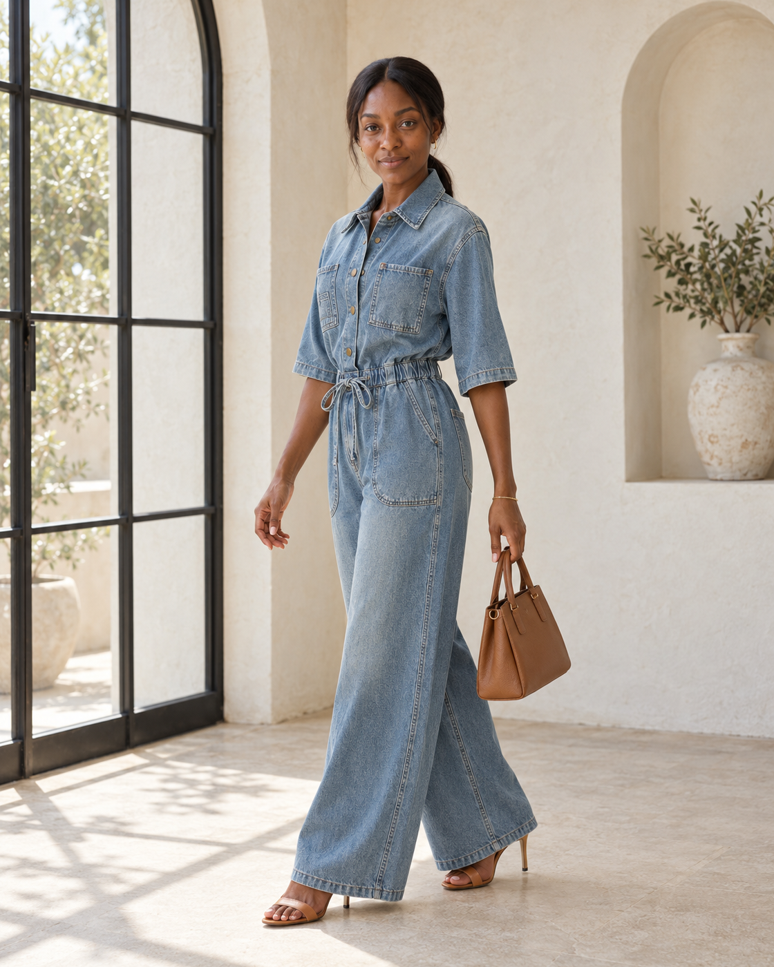 Rovina Denim Jumpsuit — Washed Blue — Model 6 — angle view