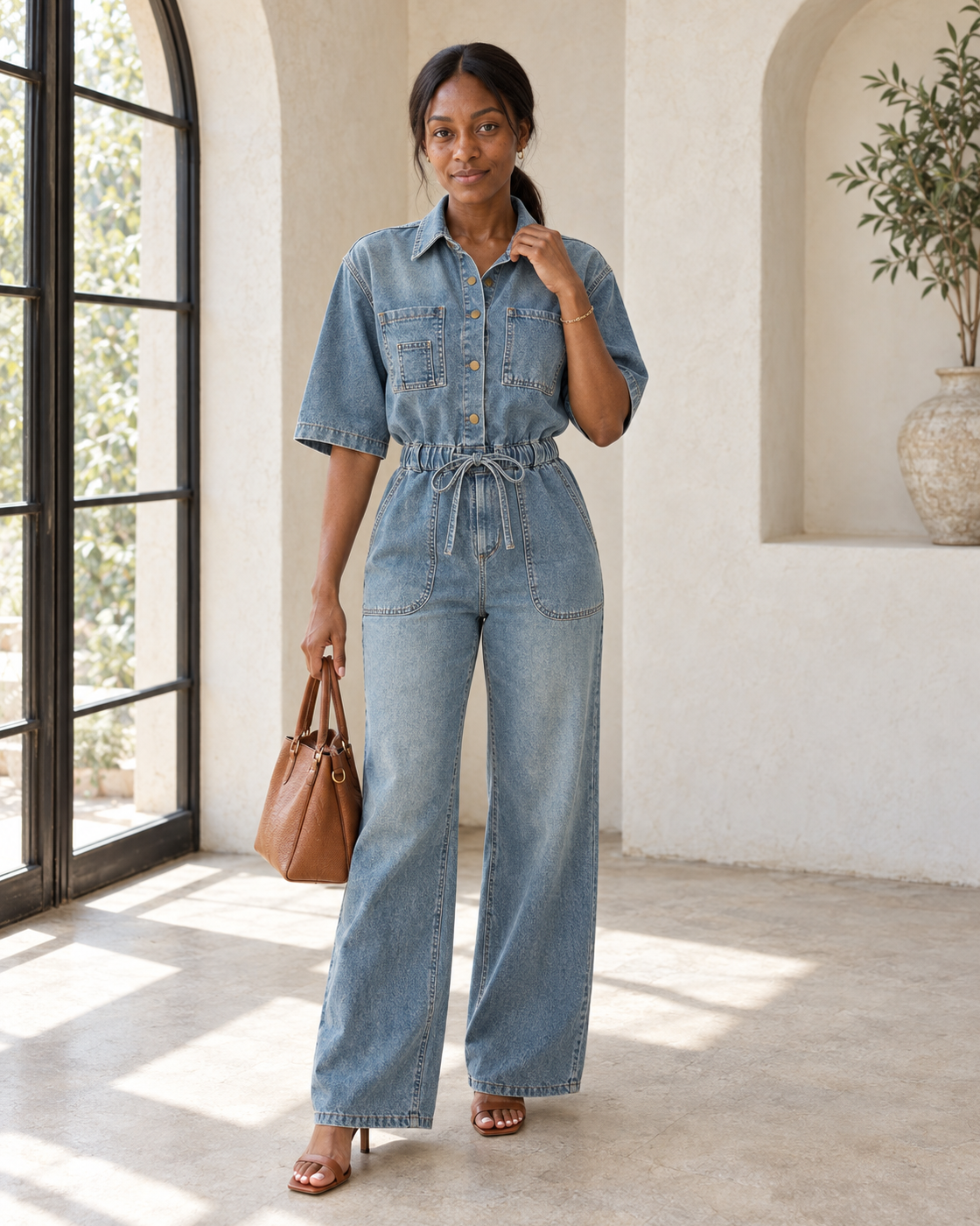 Rovina Denim Jumpsuit — Washed Blue — Model 6 — front view