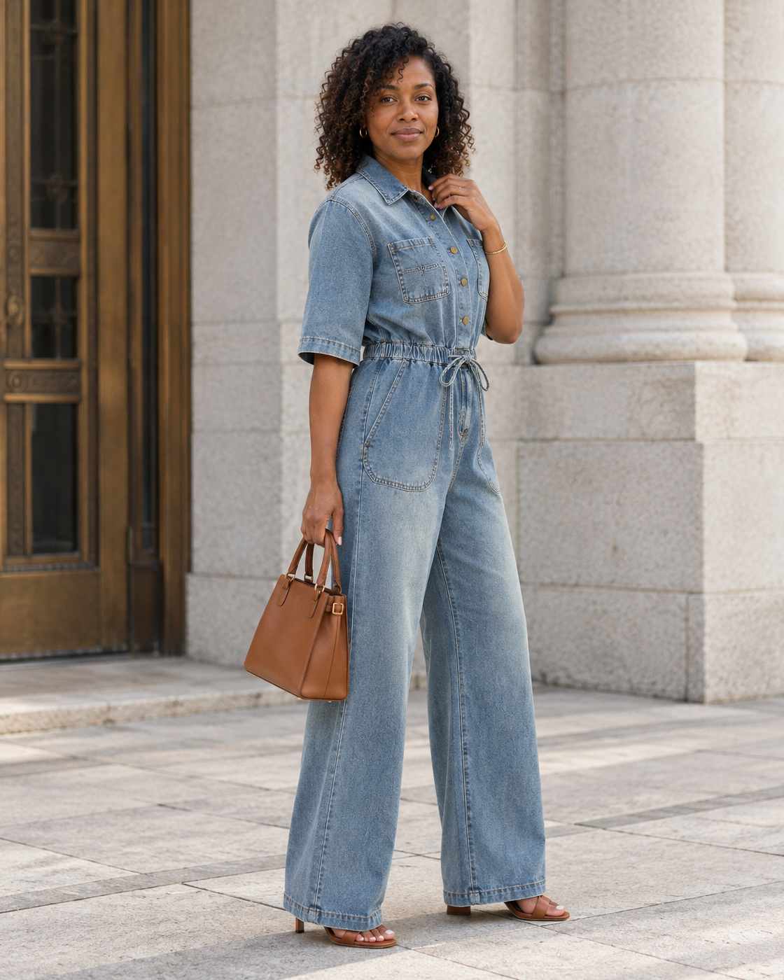 Rovina Denim Jumpsuit — Washed Blue — Model 7 — angle view