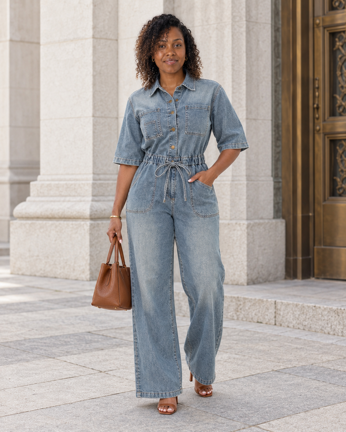 Rovina Denim Jumpsuit — Washed Blue — Model 7 — front view
