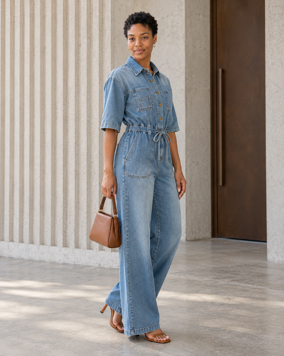 Rovina Denim Jumpsuit — Washed Blue — Model 8 — angle view