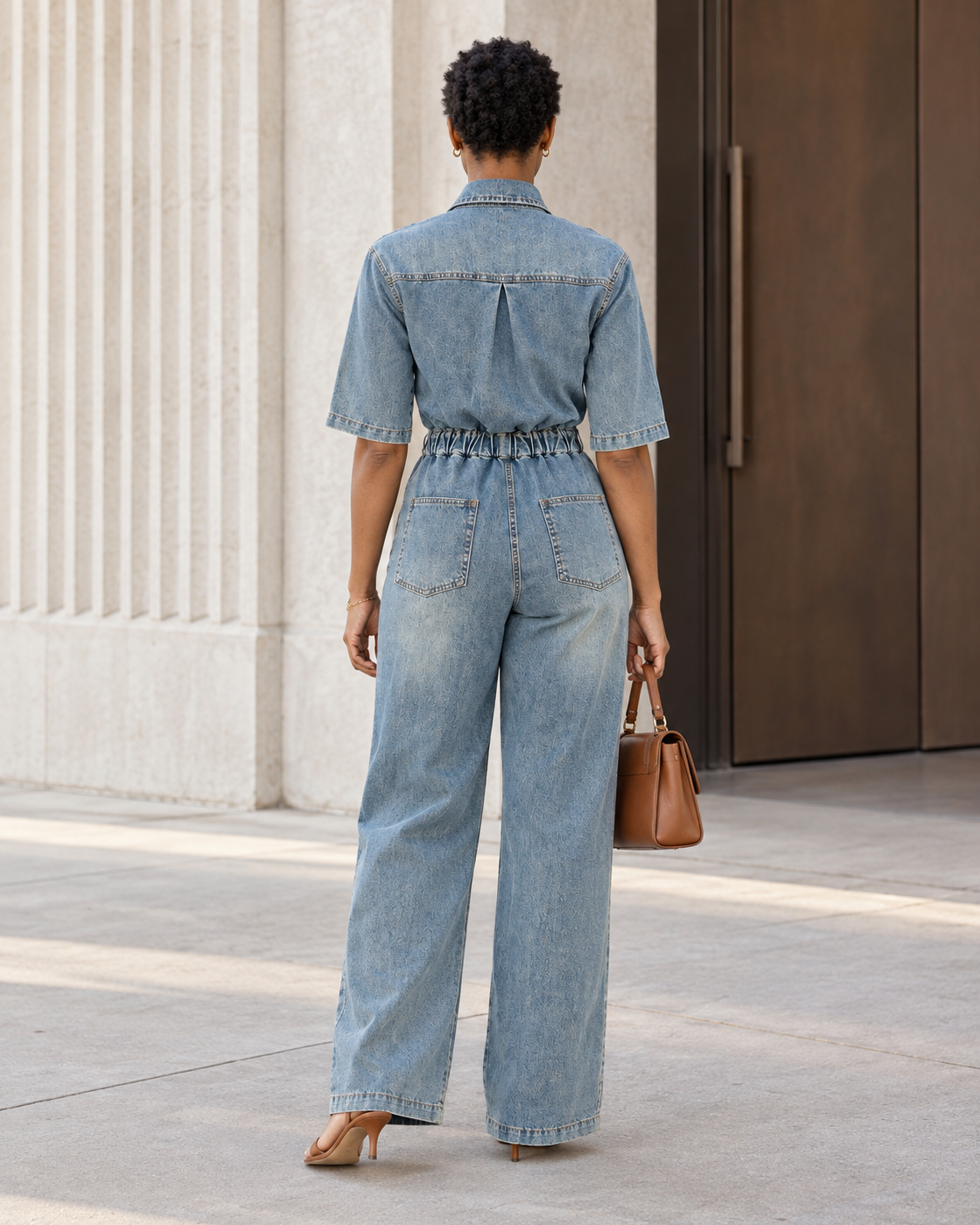 Rovina Denim Jumpsuit — Washed Blue — Model 8 — back view