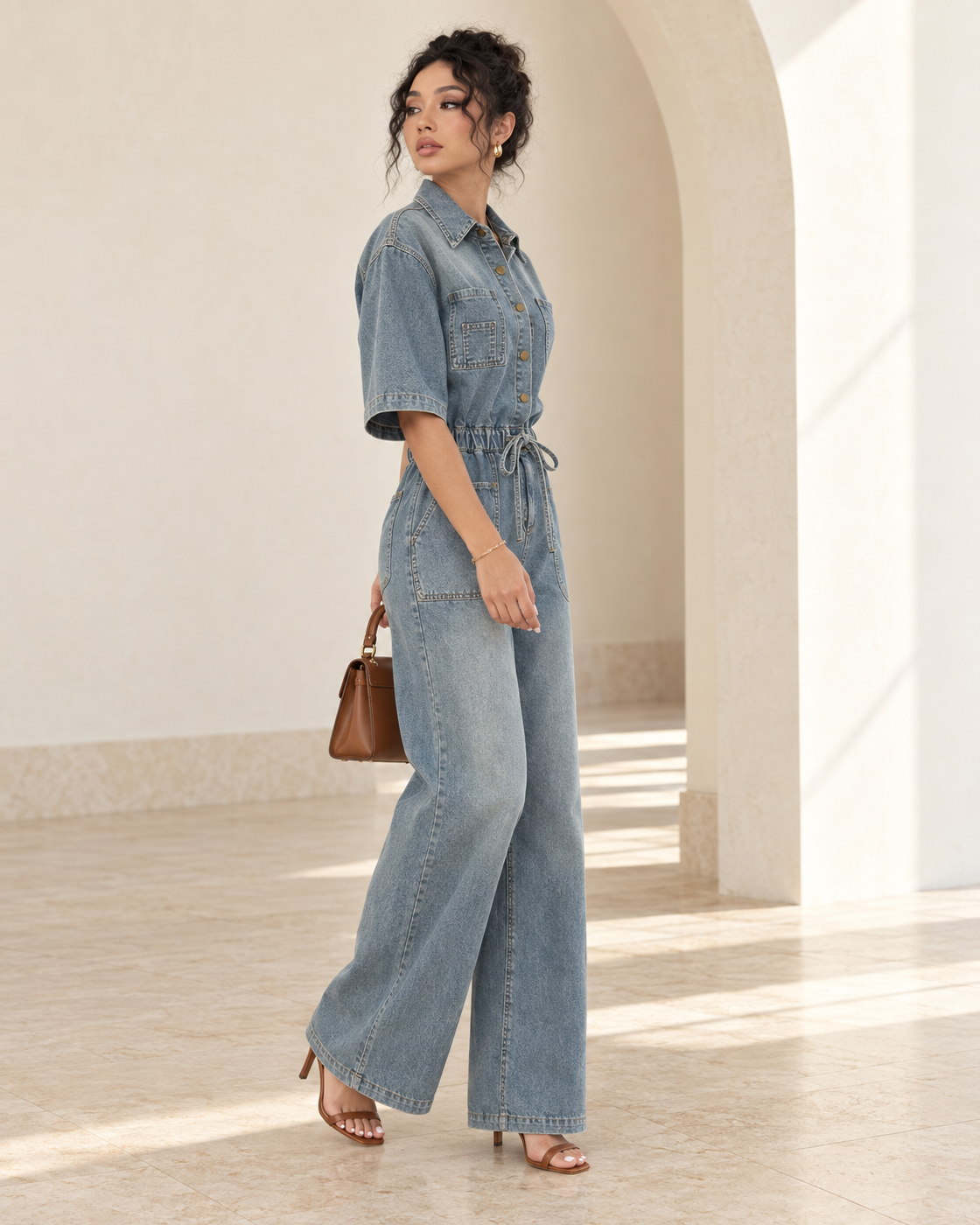 Rovina Denim Jumpsuit — Washed Blue — Model 9 — angle view