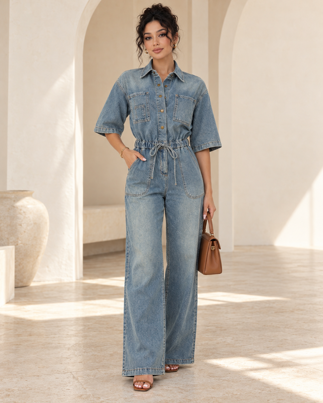 Rovina Denim Jumpsuit — Washed Blue — Model 9 — front view