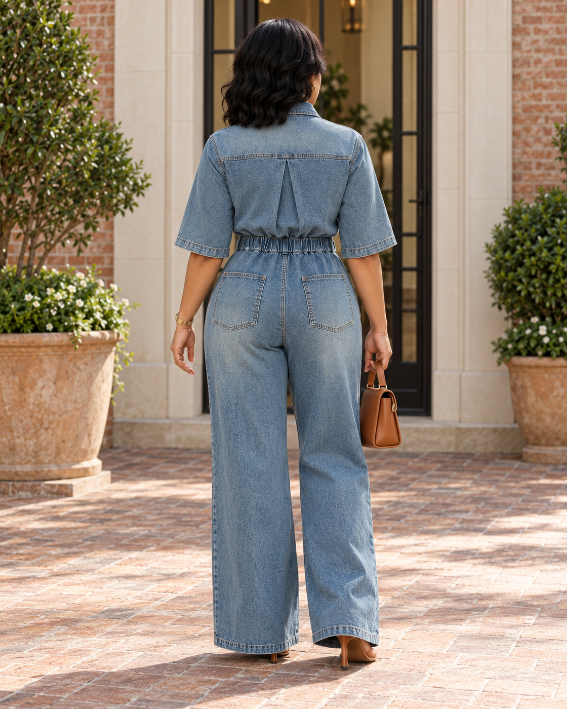 Rovina Denim Jumpsuit — Washed Blue — Model 10 — back view