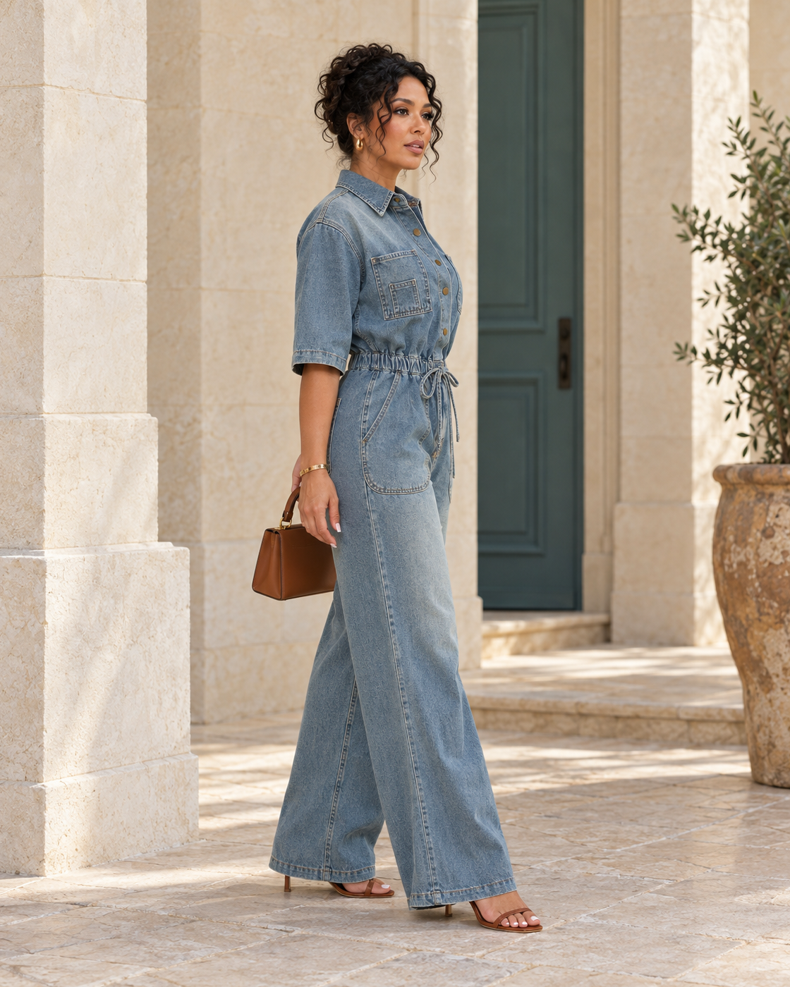 Rovina Denim Jumpsuit — Washed Blue — Model 11 — angle view