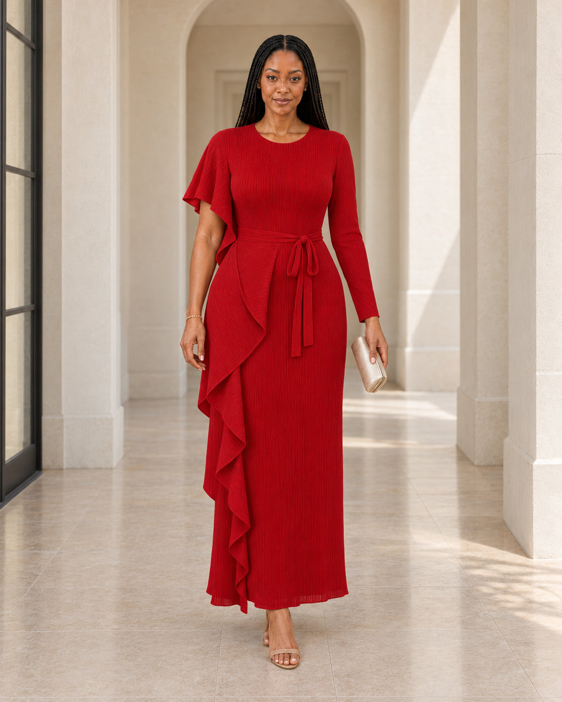 Savelle Plissé Ruffle Dress — Red — Model 1 front