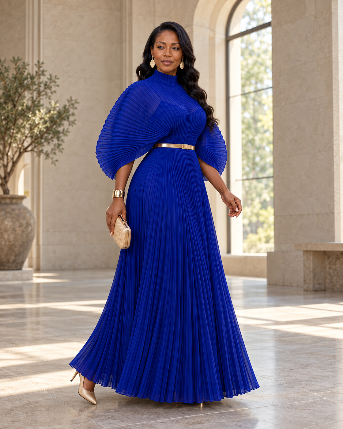 Serapha Pleated Maxi Dress in Blue — angle view; styling belt not included