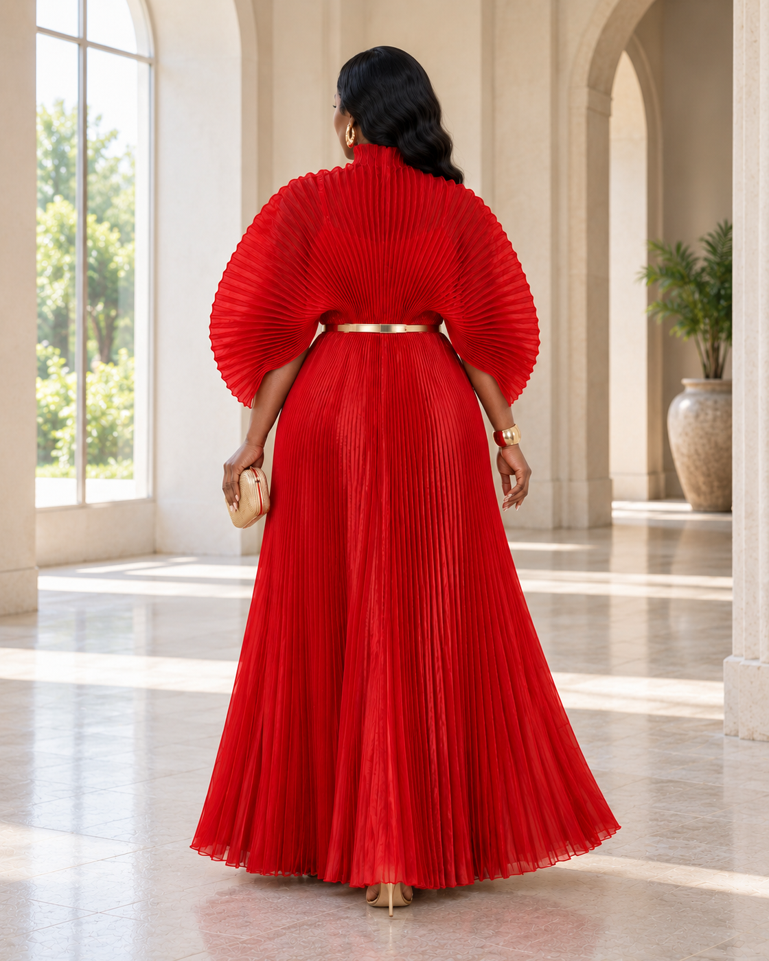 Serapha Pleated Maxi Dress in Red — back view; styling belt not included