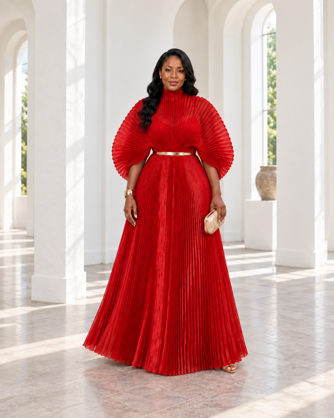 Serapha Pleated Maxi Dress in Red — front view; styling belt not included