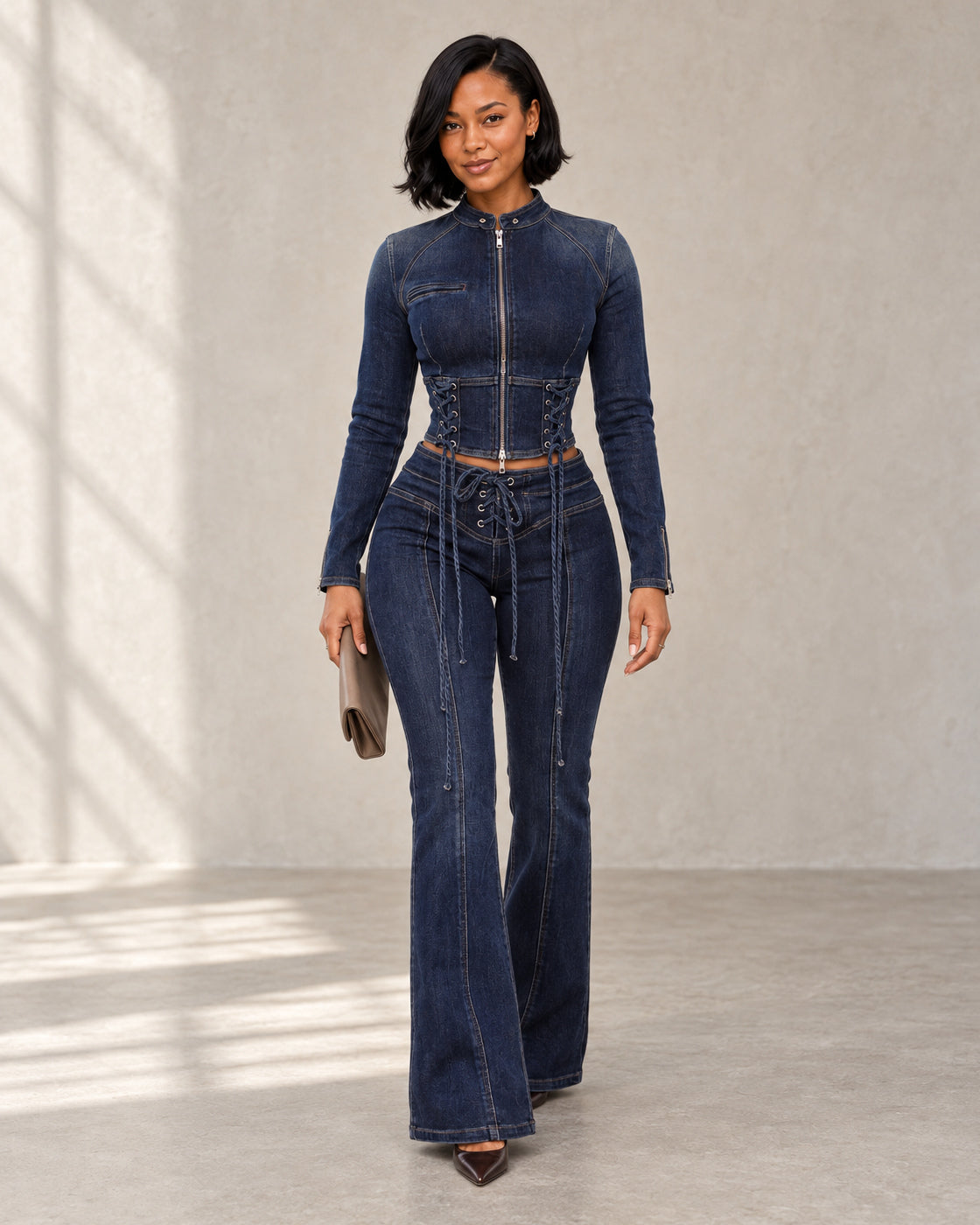 Sevra Lace-Up Denim Top and Jeans in Blue Denim, styled together and sold separately — Model 3, front view