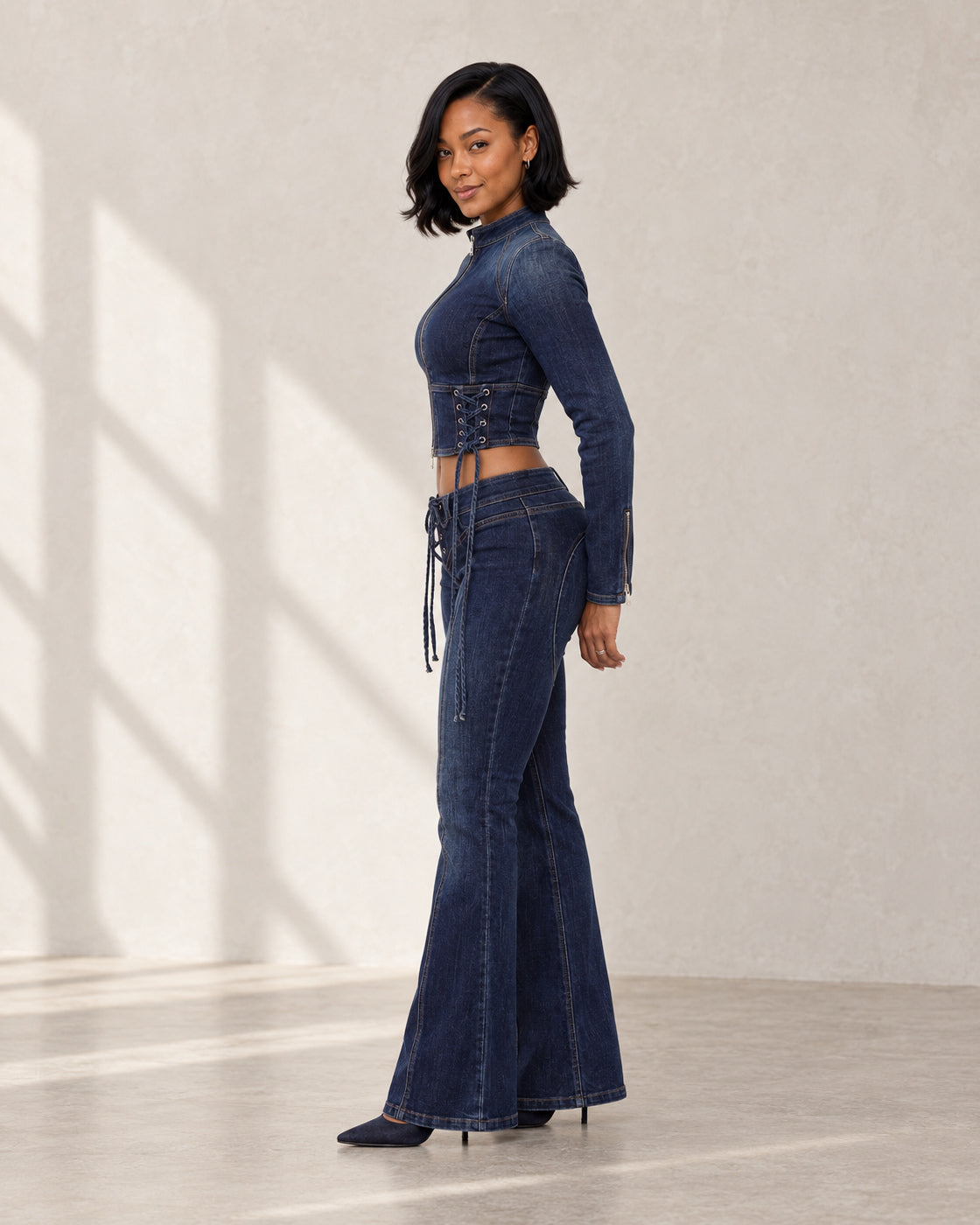Sevra Lace-Up Denim Top and Jeans in Blue Denim, styled together and sold separately — Model 3, side view