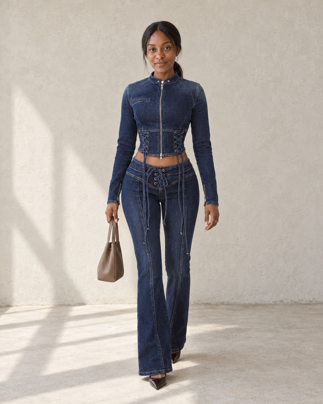 Sevra Lace-Up Denim Top and Jeans in Blue Denim, styled together and sold separately — Model 6, front view
