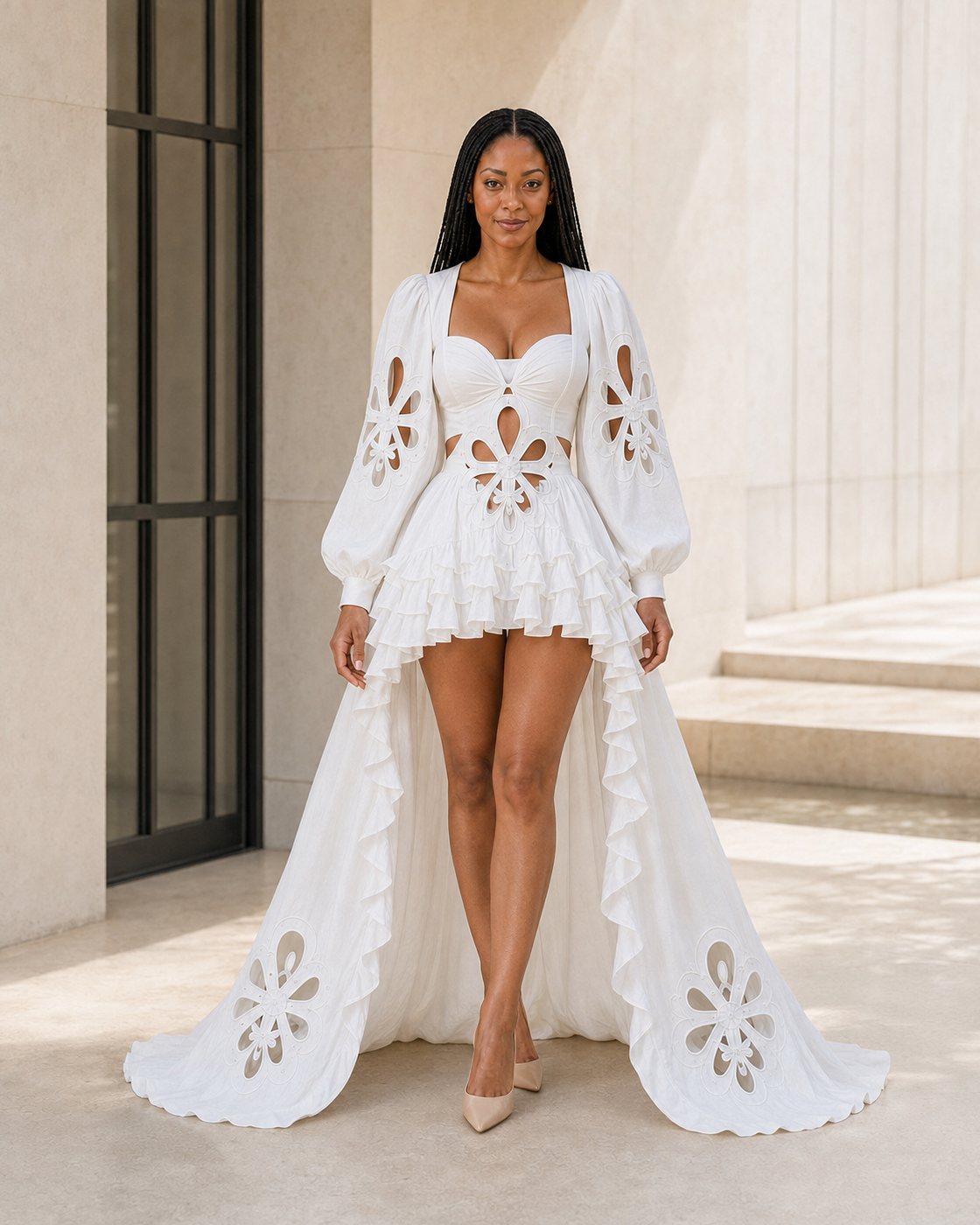Solenne Cutwork Train Dress in White — Model 1 front view