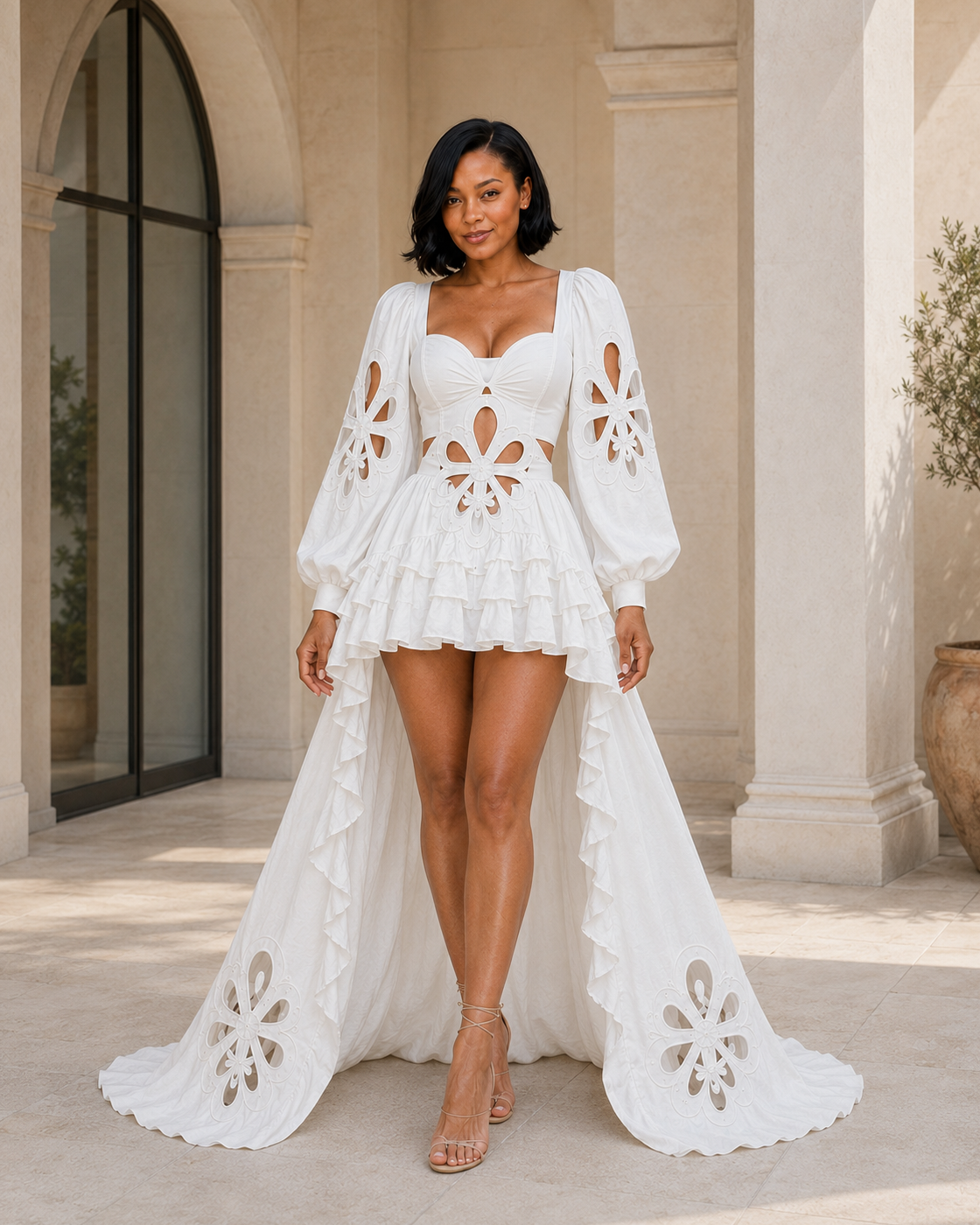 Solenne Cutwork Train Dress in White — Model 3 front view