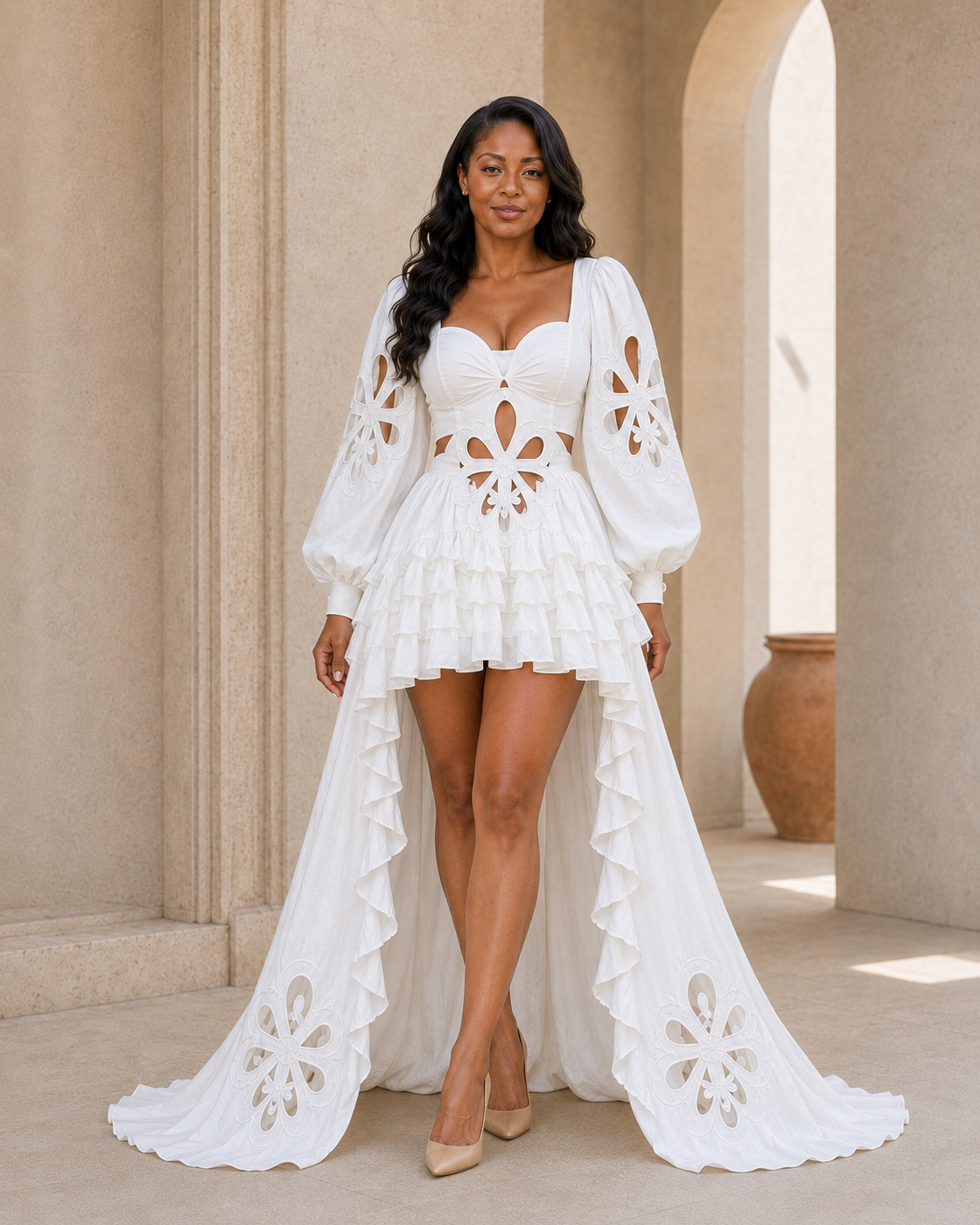 Solenne Cutwork Train Dress in White — Model 5 front view
