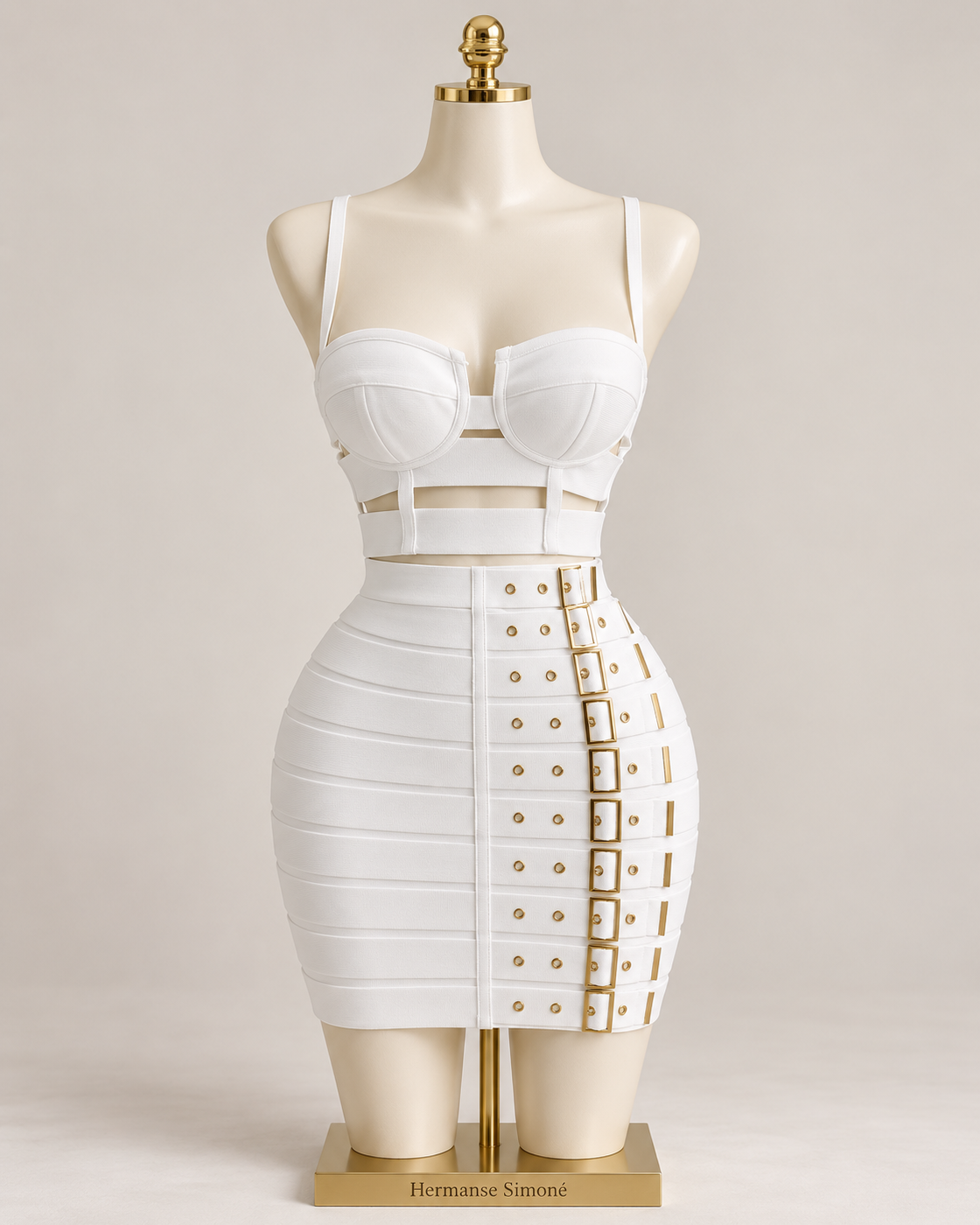 Solvienne Buckle Skirt Set — White — mannequin view