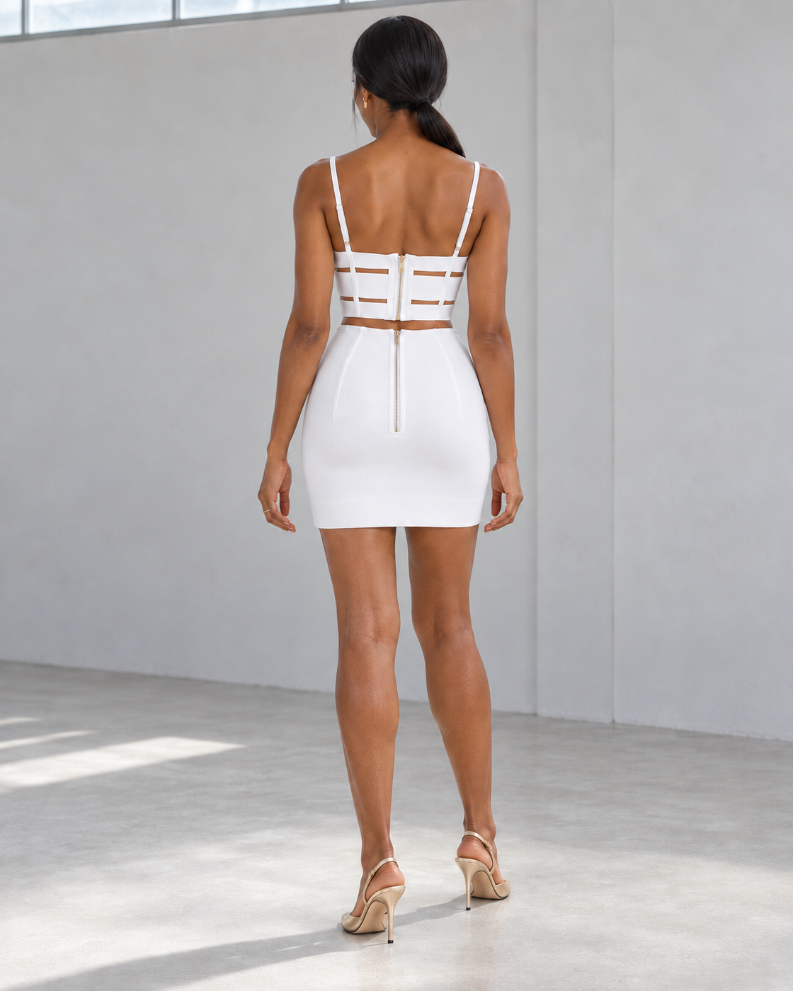 Solvienne Buckle Skirt Set — White — Model 6 — back view