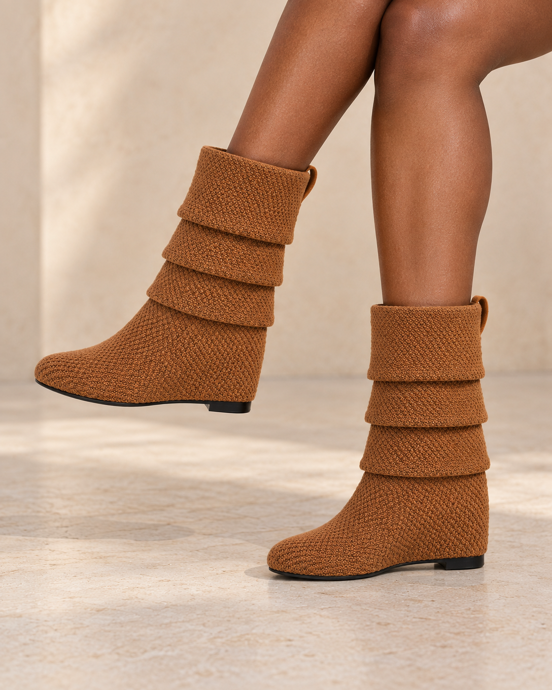 Tamsin Wedge Boots in Camel — Raised Leg