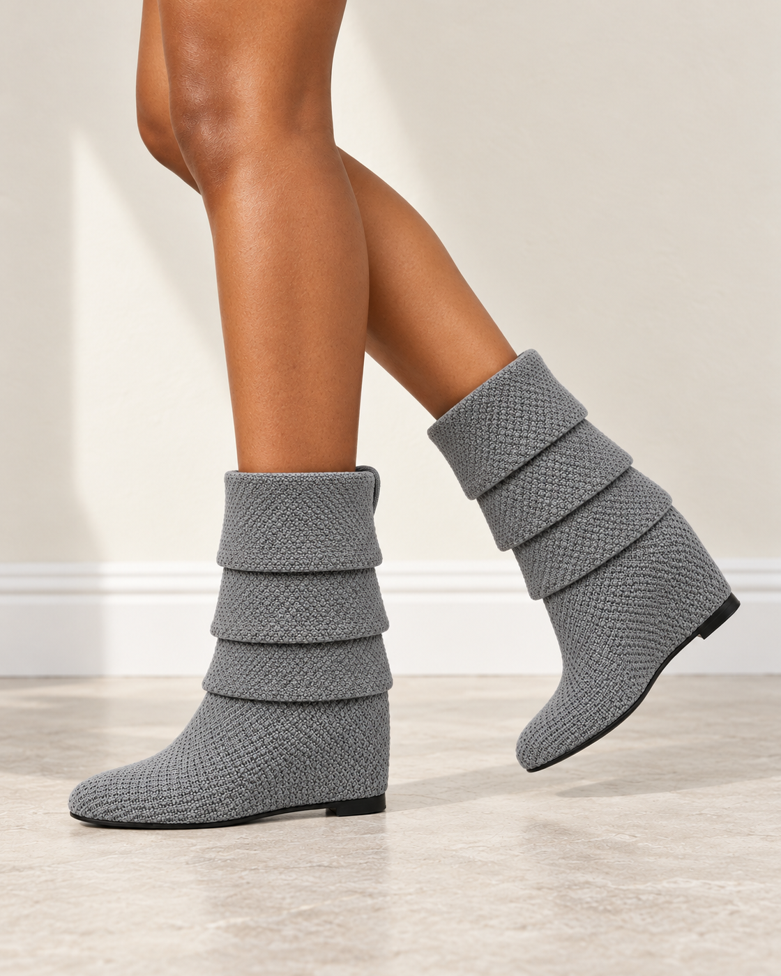 Tamsin Wedge Boots in Grey — Raised Leg