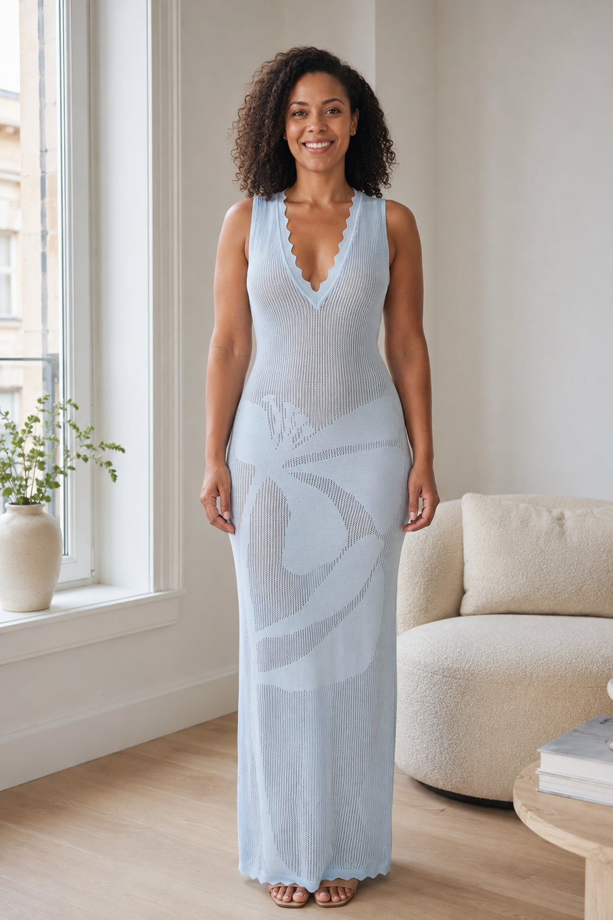 Thalassa Bloom Knit Dress in Light Blue, straight front view