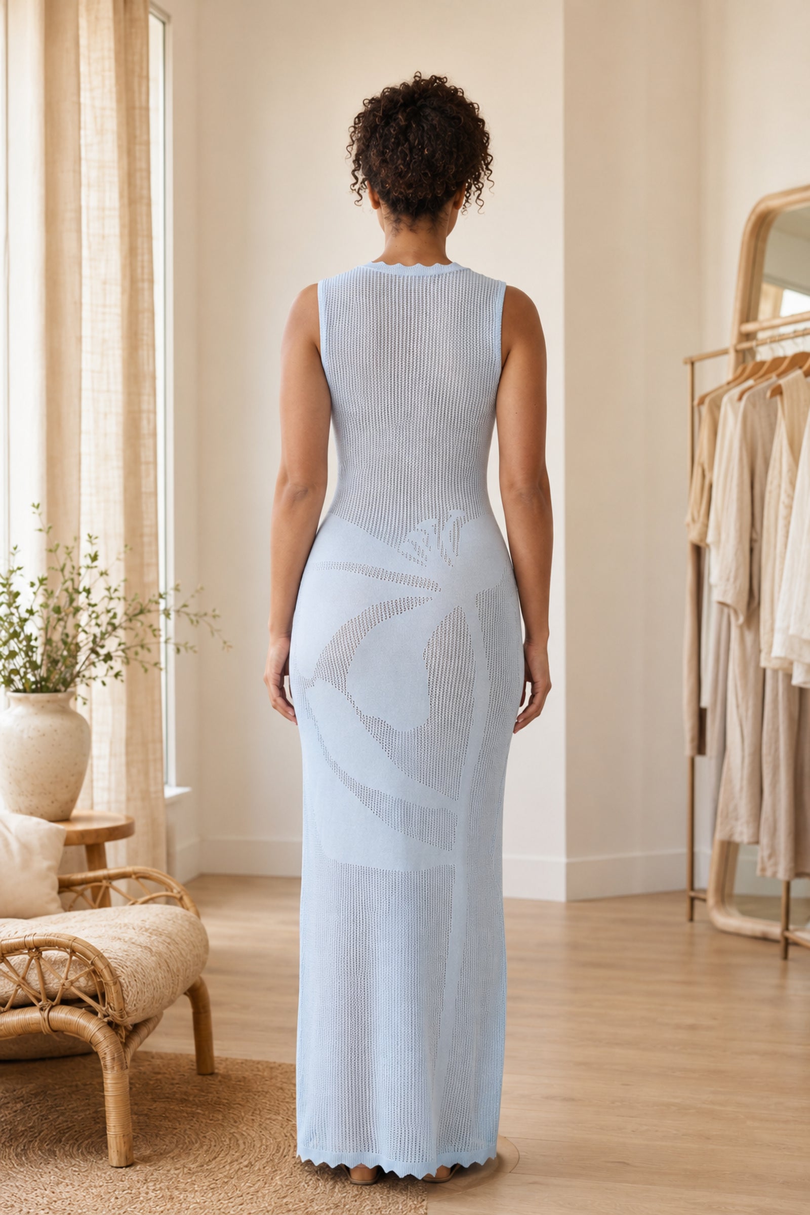 Thalassa Bloom Knit Dress in Light Blue, rear view