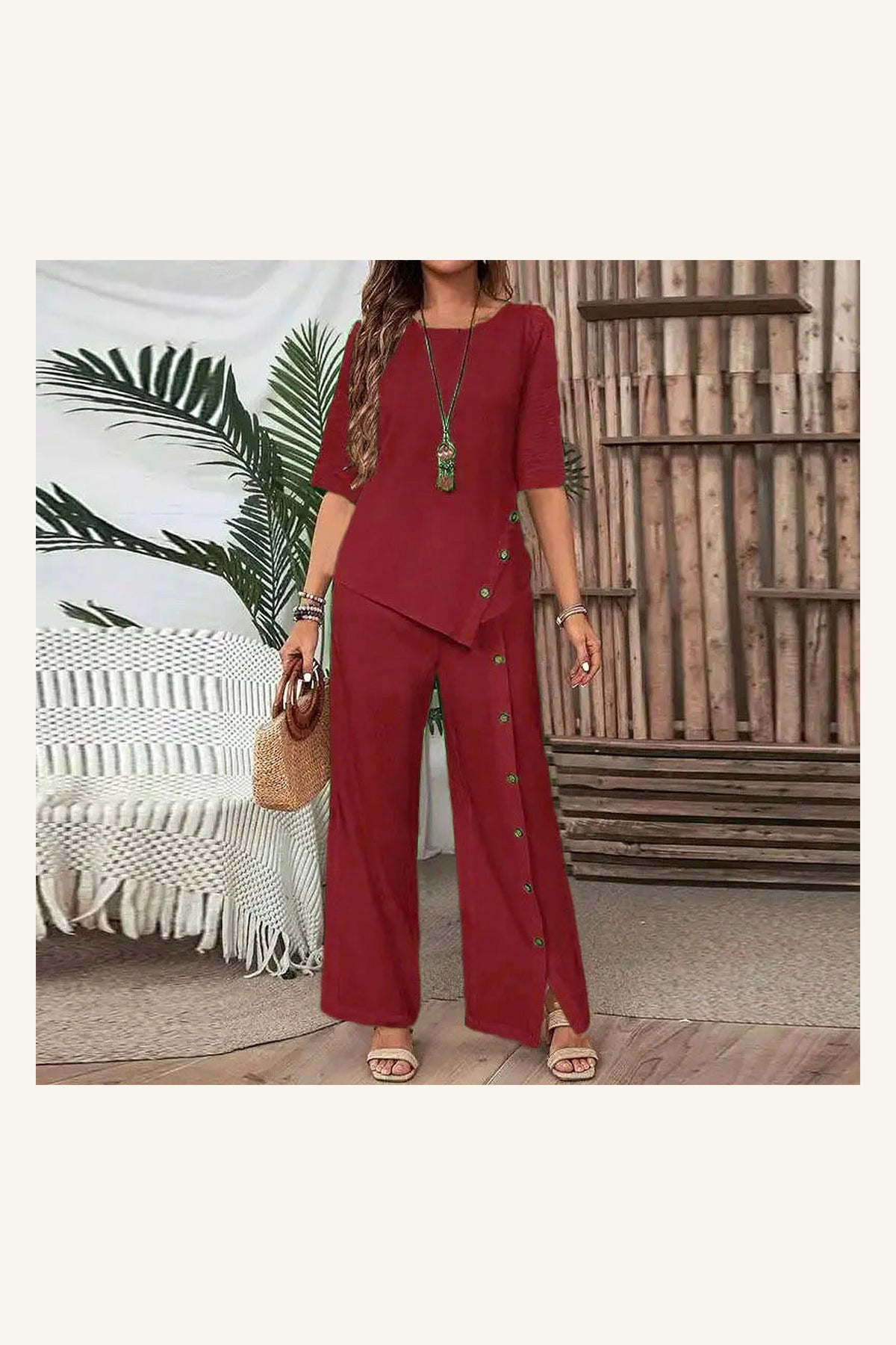 Valencia Button Pants Set — Burgundy variant view