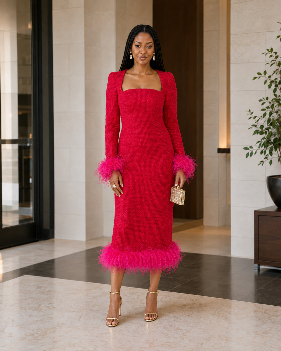 Venice Dress - Carmine - Model 1 - Front styled look