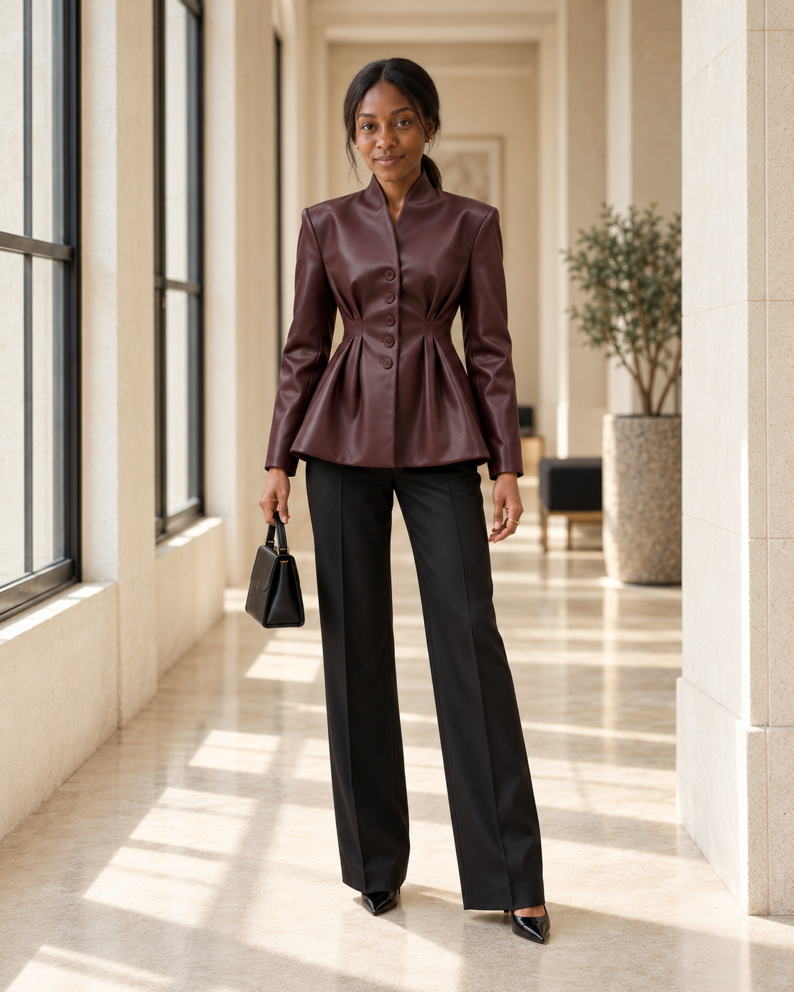 Veradine Peplum Jacket in oxblood — Model 6, front view