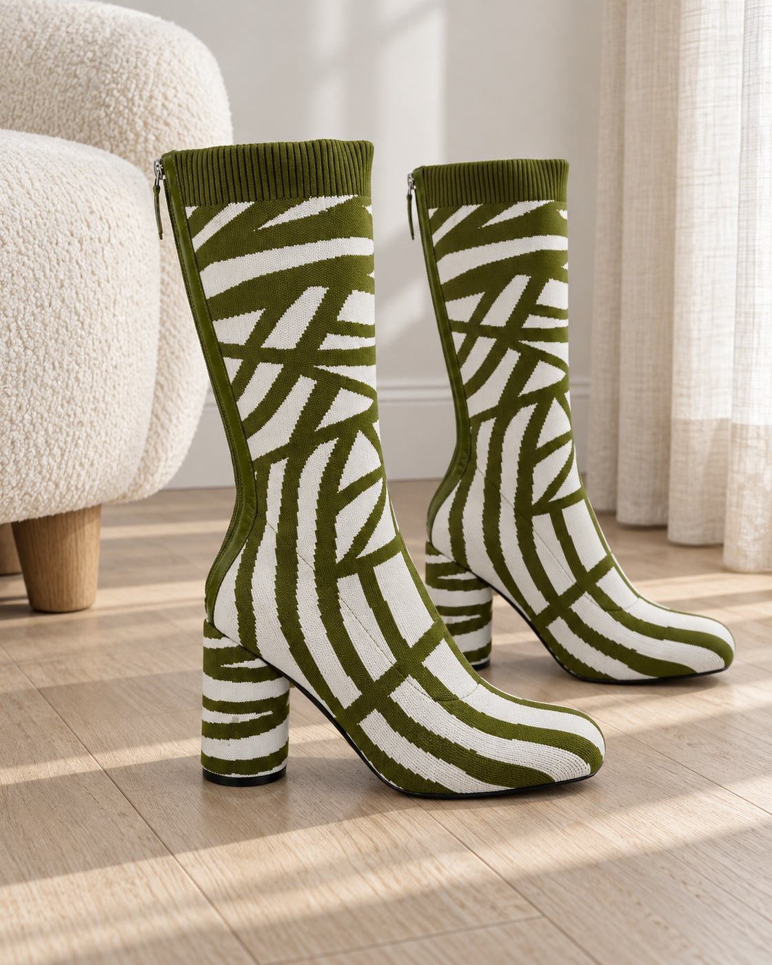 Viretta Knit Boots in Olive / Cream — editorial pair