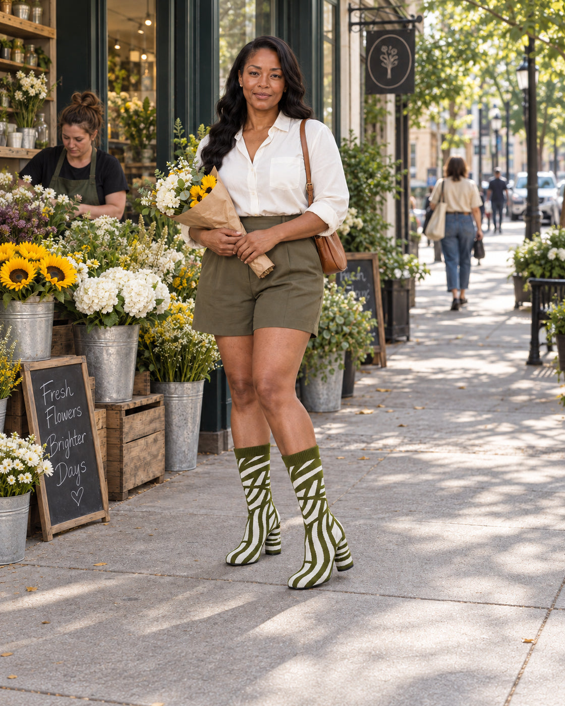 Viretta Knit Boots in Olive and Cream — Flower stand pause