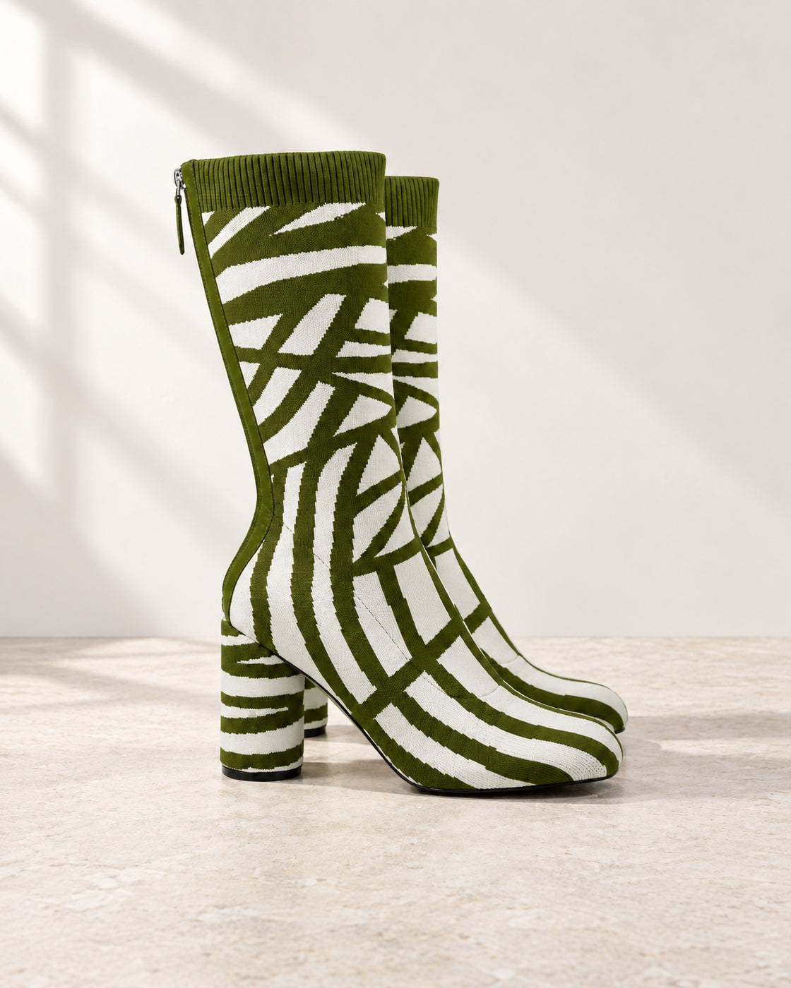 Viretta Knit Boots in Olive and Cream — graphic knit pair with covered block heels