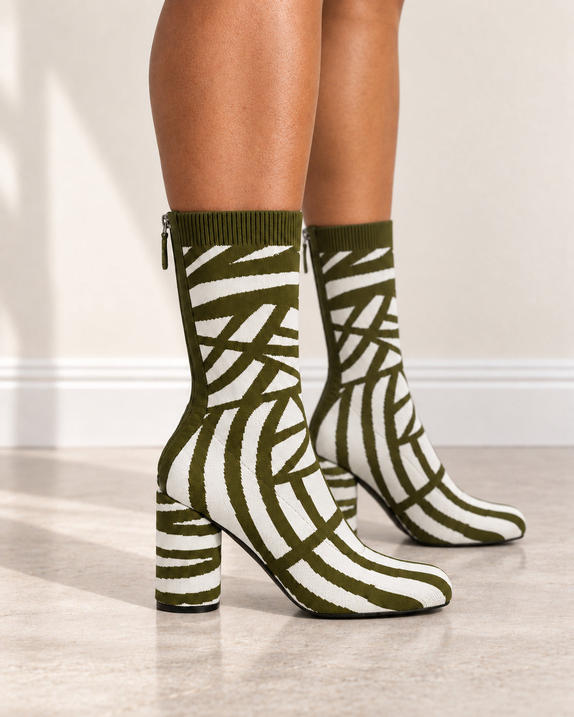 Viretta Knit Boots in Olive / Cream — side on foot