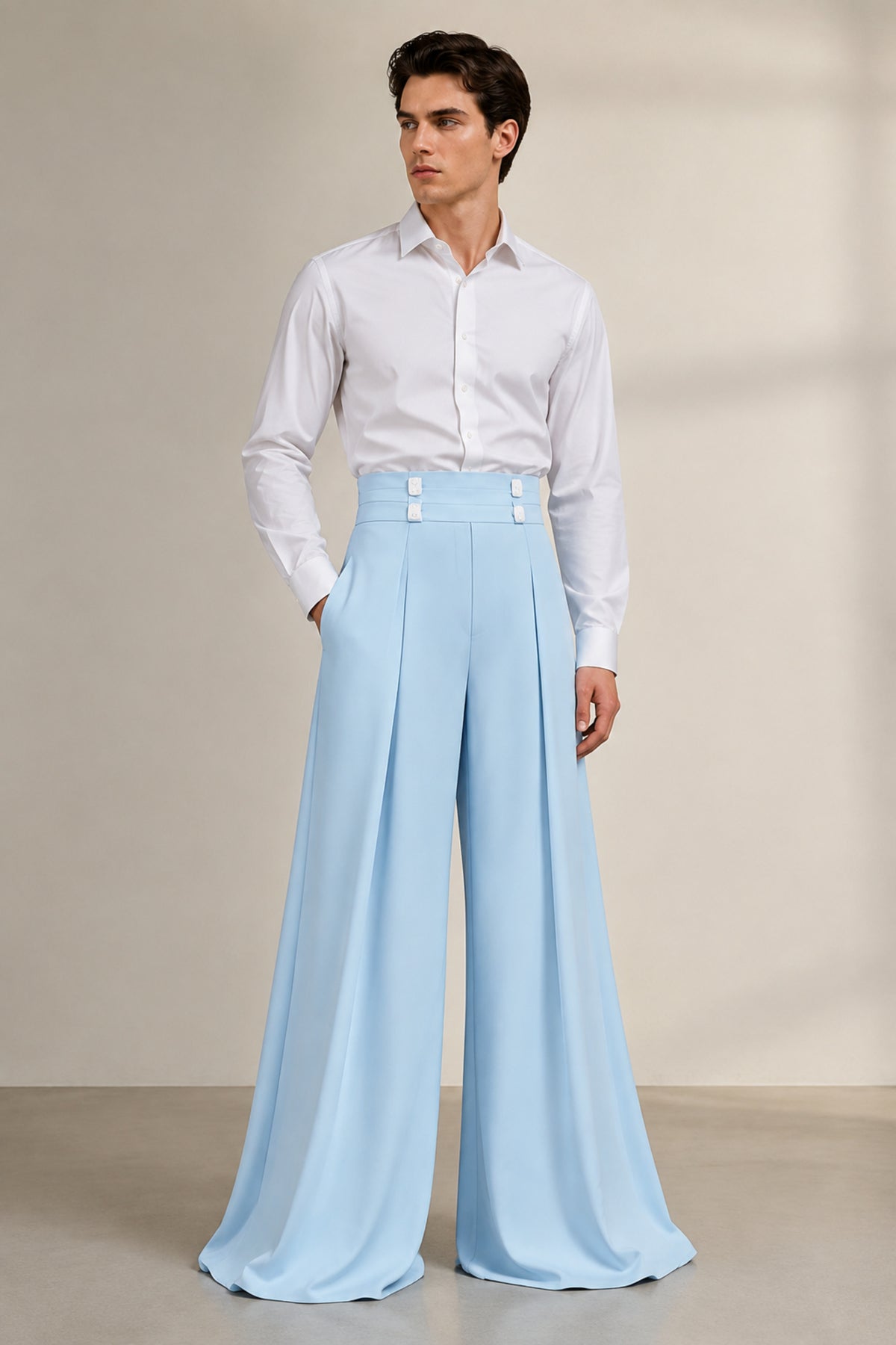 Light blue high-waist wide-leg men's trousers