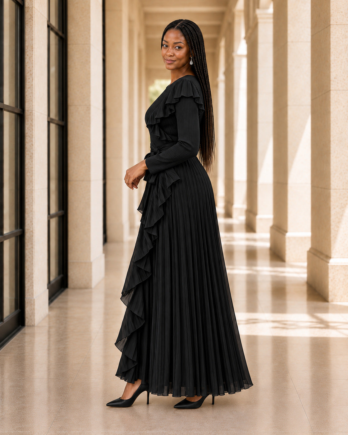 Zafira Waterfall Pleated Dress - Black - Model 1 - True side styled look