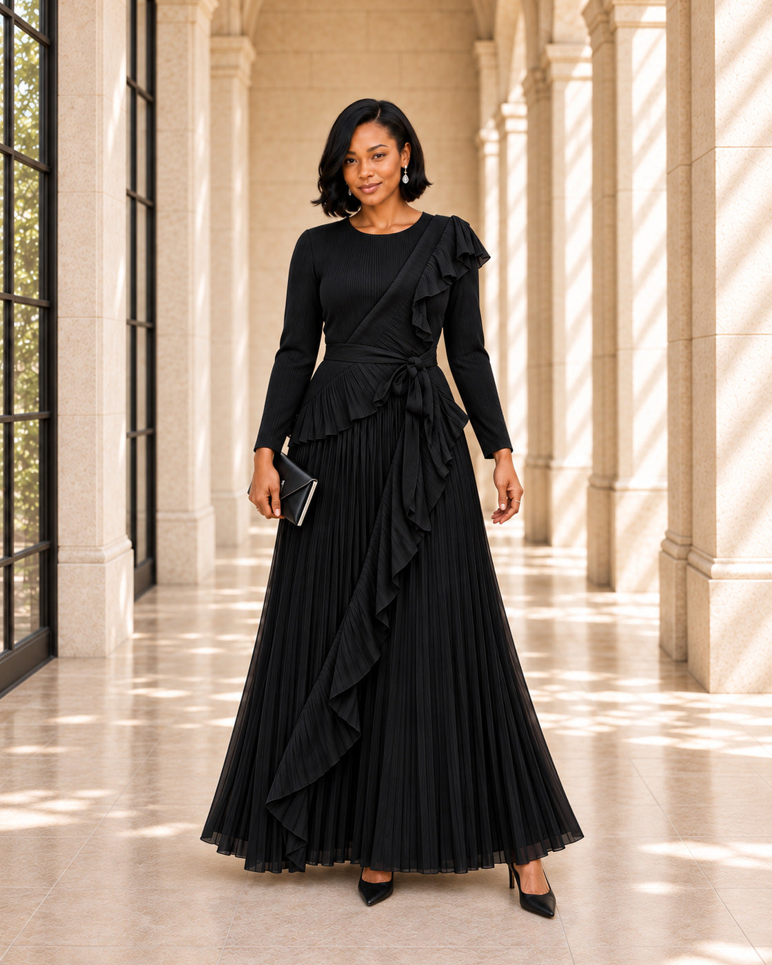 Zafira Waterfall Pleated Dress - Black - Model 3 - Front styled look